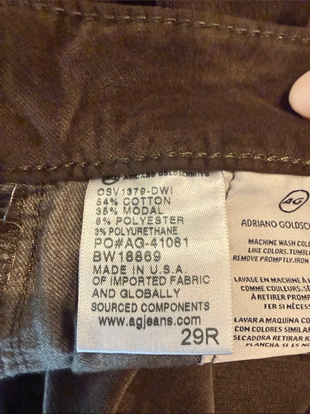 AG Adriano Goldschmied Farrah High Rise Skinny Olive/Brown Velvet Jeans W 29